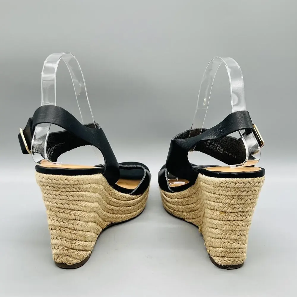 J Crew Sandals Women 8.5 Black Vegan Leather Espadrille Wedge Slingback Shoes
